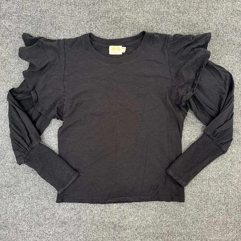 Nation LTD Women's Loren Ruffle Tee Balloon Sleeve Pima Cotton Blouse Black S